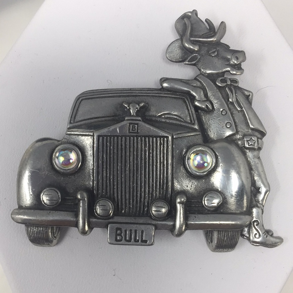 JJ Jonette pin brooch dressed bull and fancy car